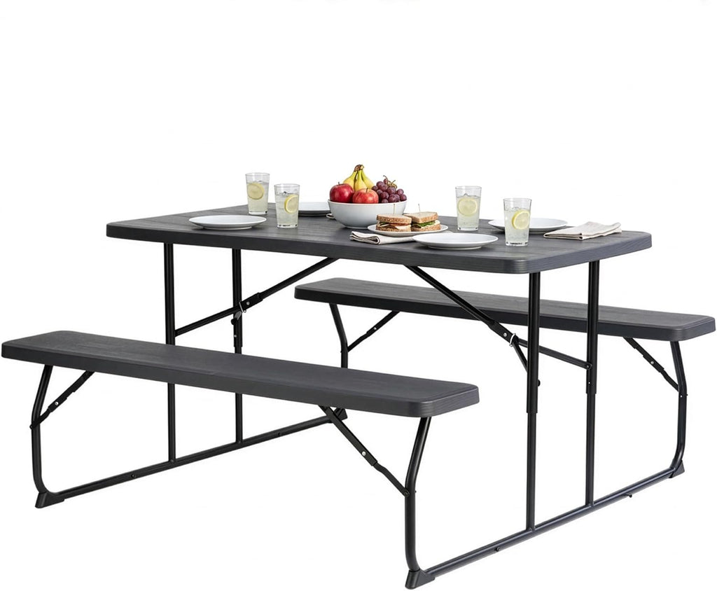 Gray Foldable Picnic Table Set with Benches for 6