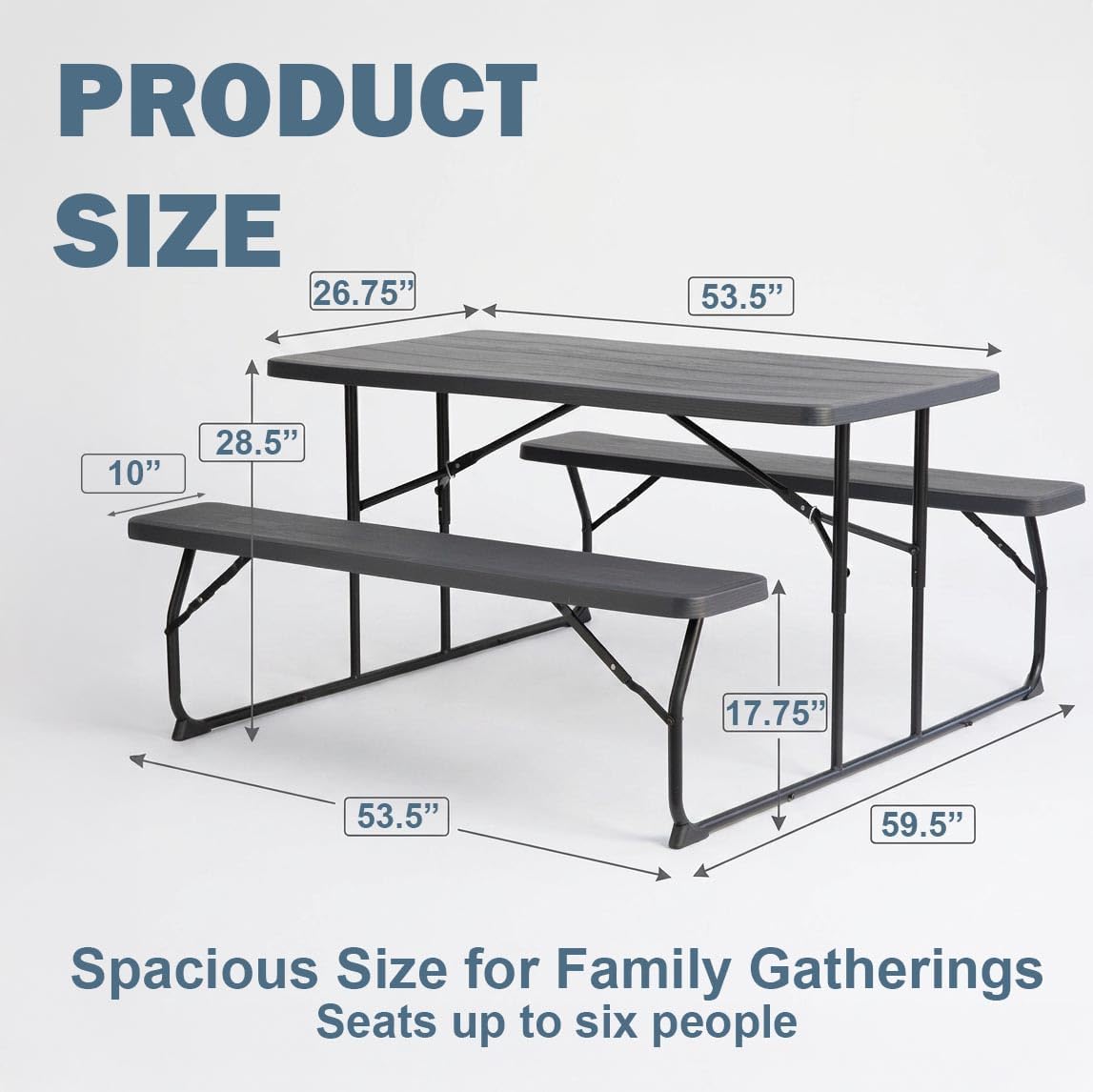 Gray Foldable Picnic Table Set with Benches for 6