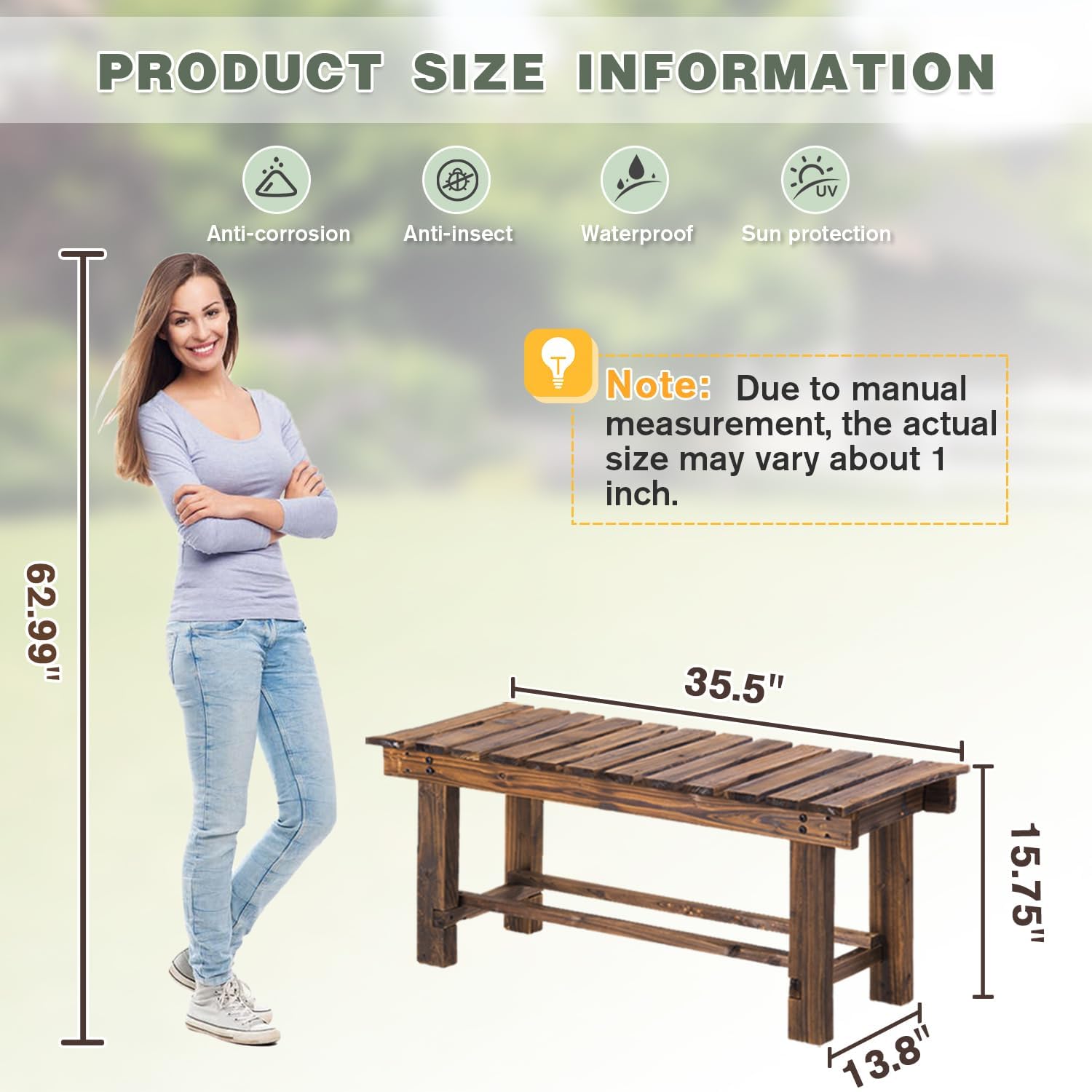 2-Seater Backless Wooden Garden Bench