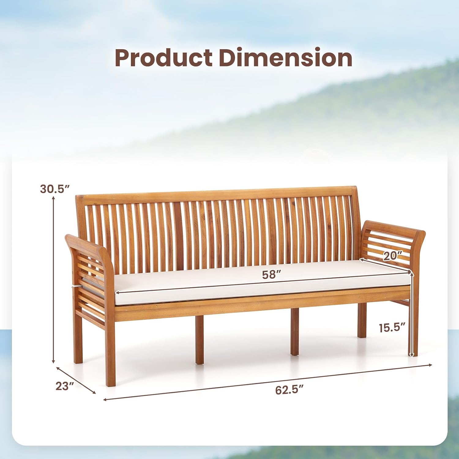 62.5" 3-Seater Acacia Wood Patio Bench