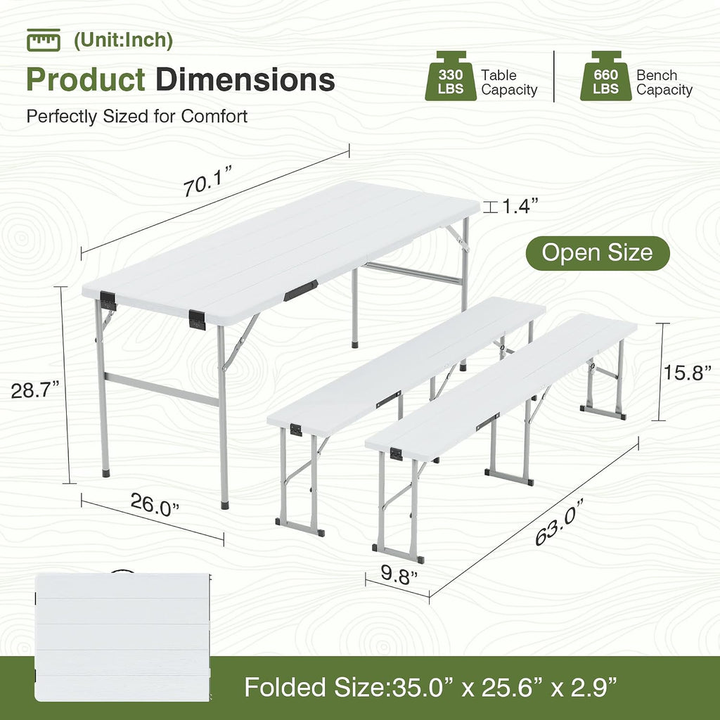 6FT 3-Piece Folding Picnic Table Set with 2 Benches