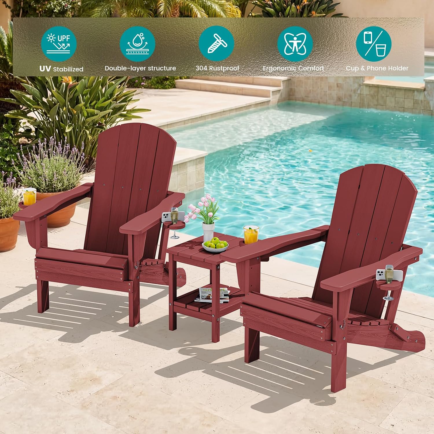 2 Pack HDPE Adirondack Chairs Dark Red