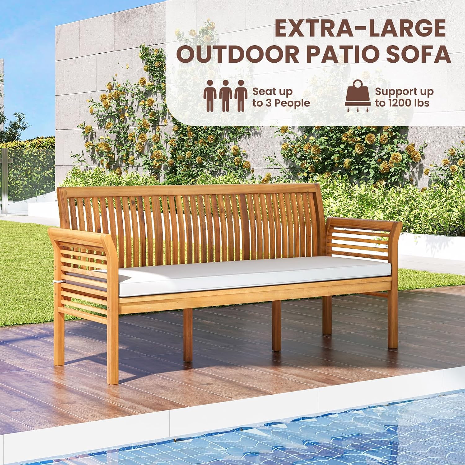 62.5" 3-Seater Acacia Wood Patio Bench