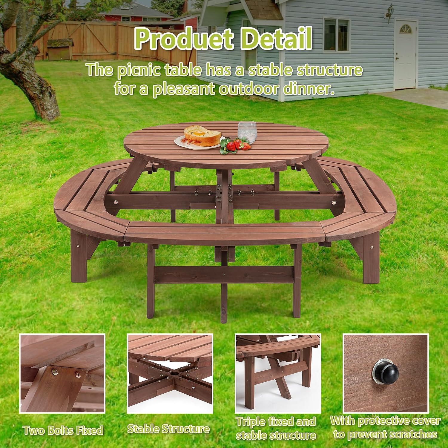 12-Person Round Wooden Picnic Table