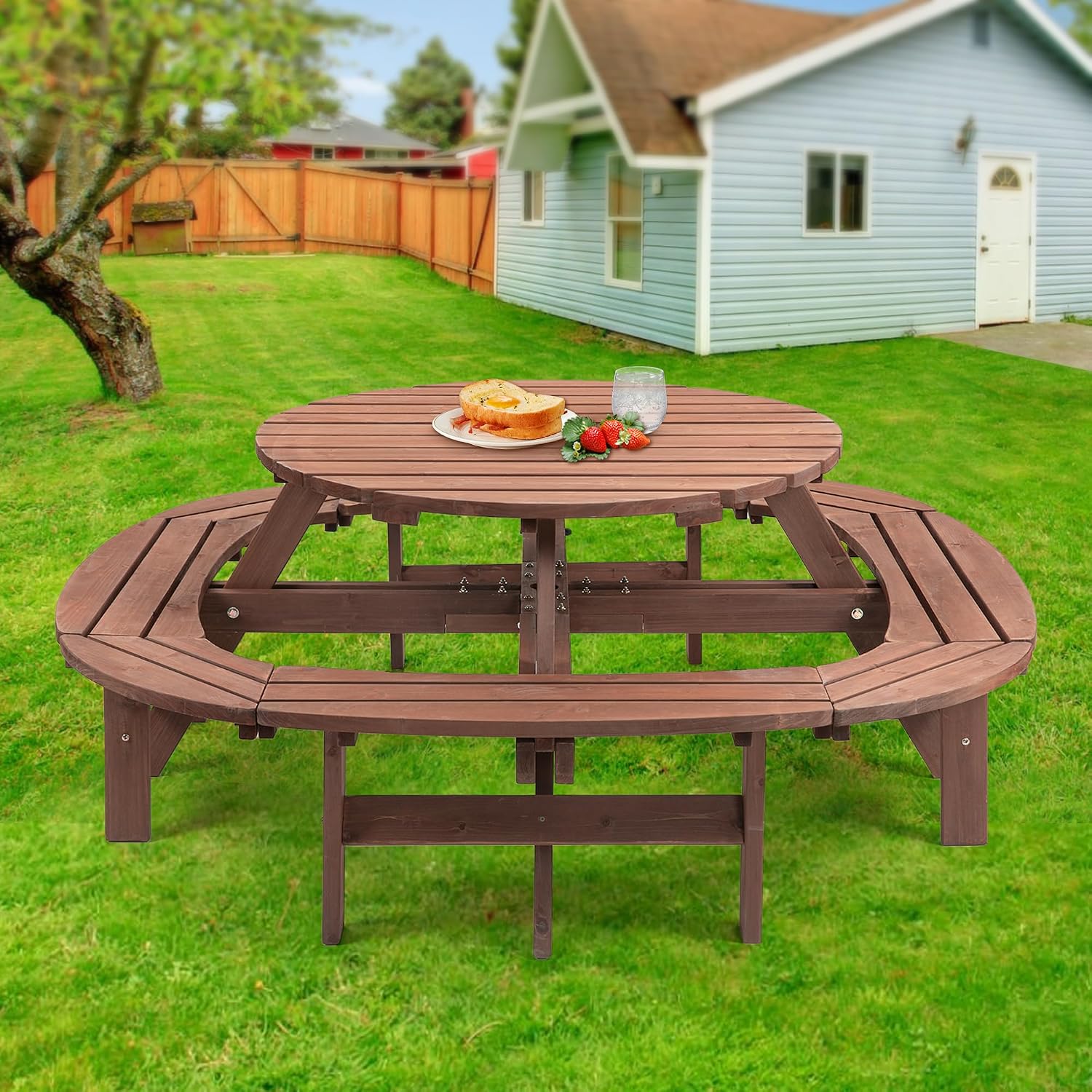 12-Person Round Wooden Picnic Table