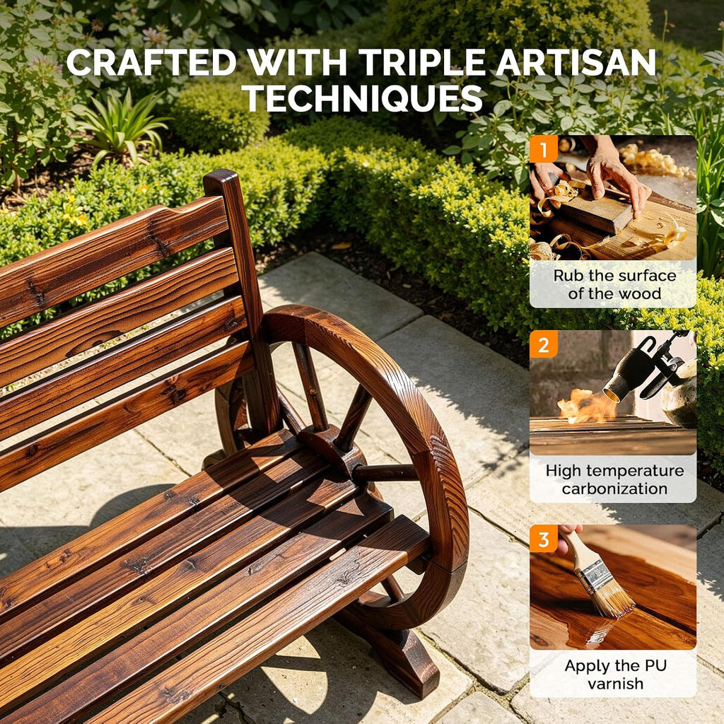 Rustic Wheel Wooden Outdoor Bench