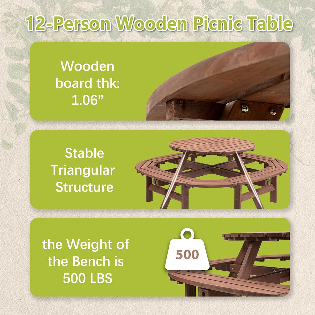 12-Person Round Wooden Picnic Table