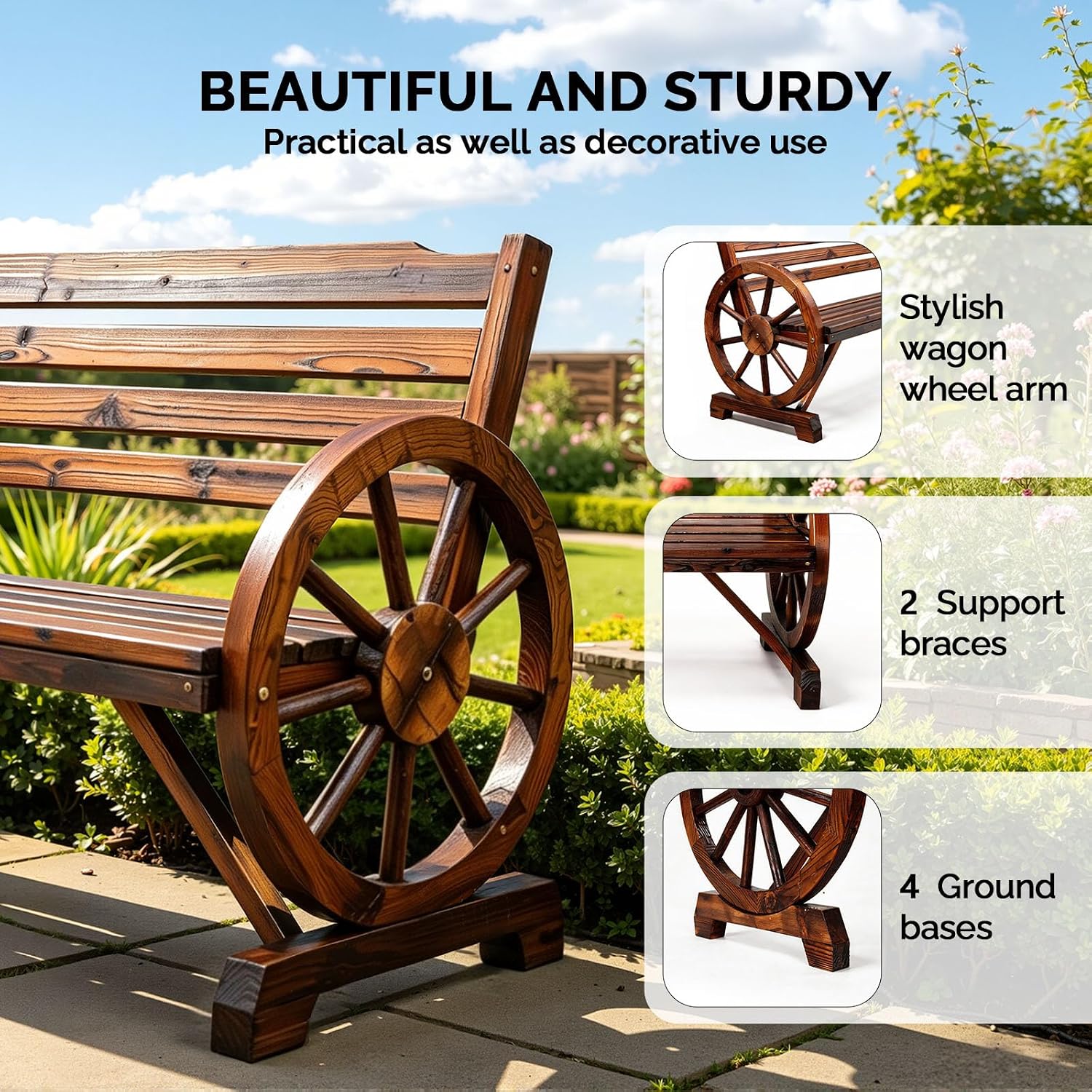 Rustic Wheel Wooden Outdoor Bench
