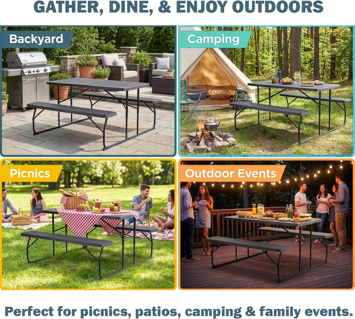 Gray Foldable Picnic Table Set with Benches for 6