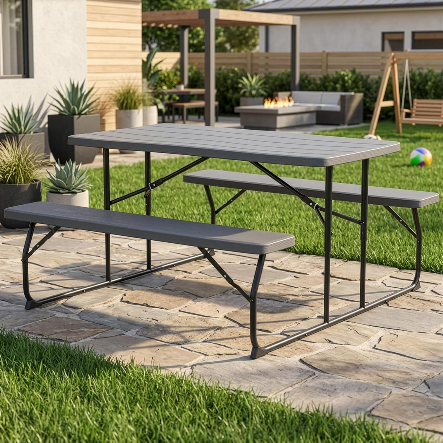 Gray Foldable Picnic Table Set with Benches for 6