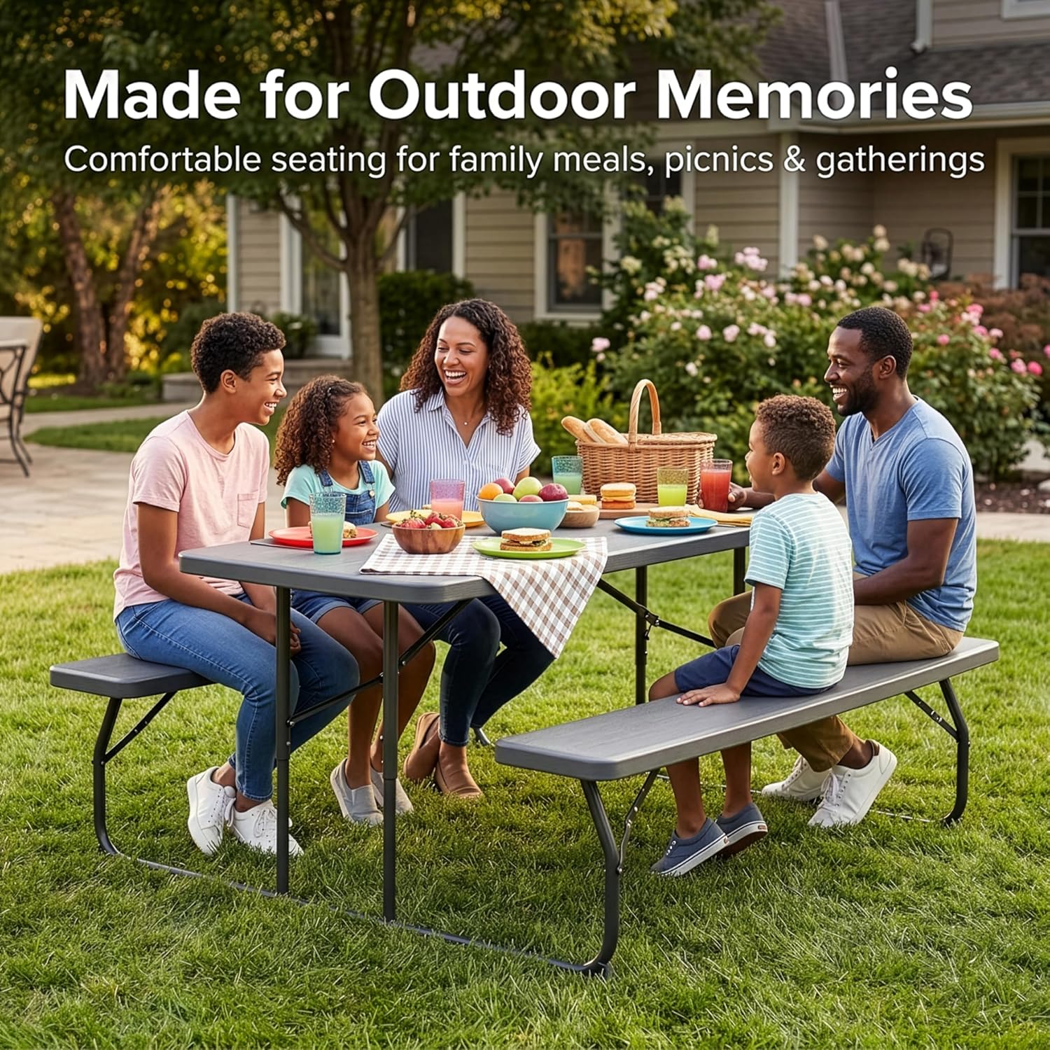 Gray Foldable Picnic Table Set with Benches for 6